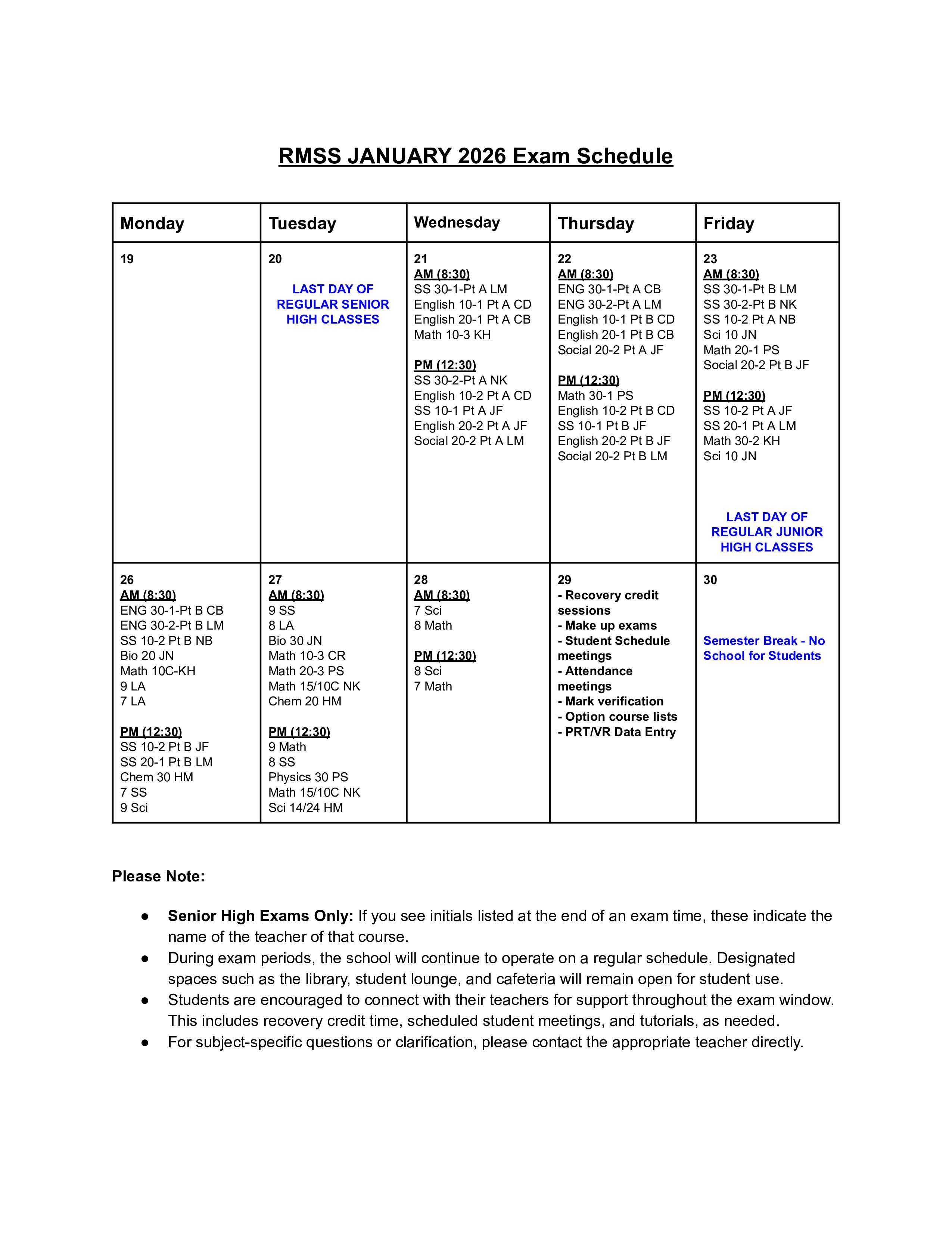 JANUARY 2026 Exam Schedule Calendar View (2)