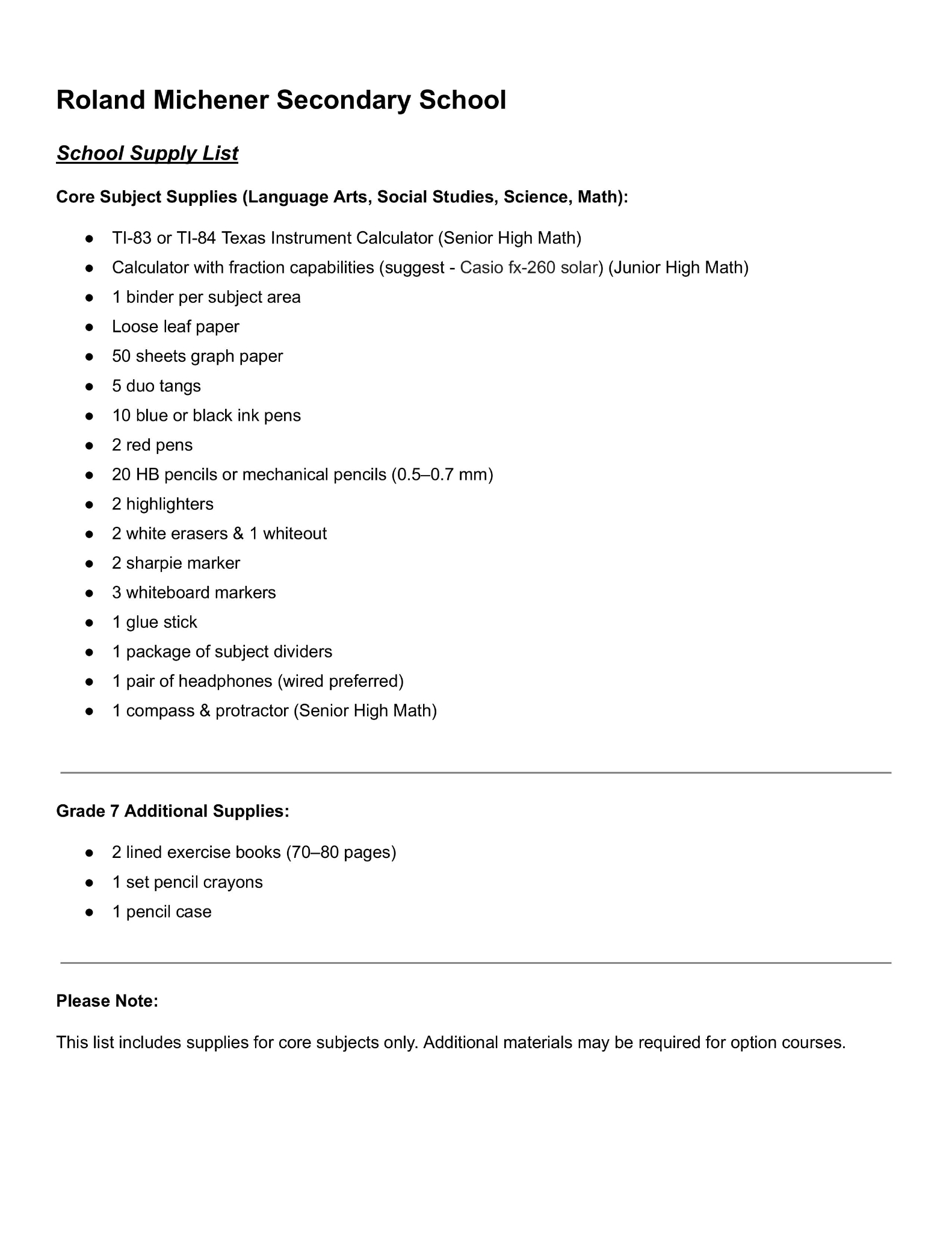 School Supply List 2025