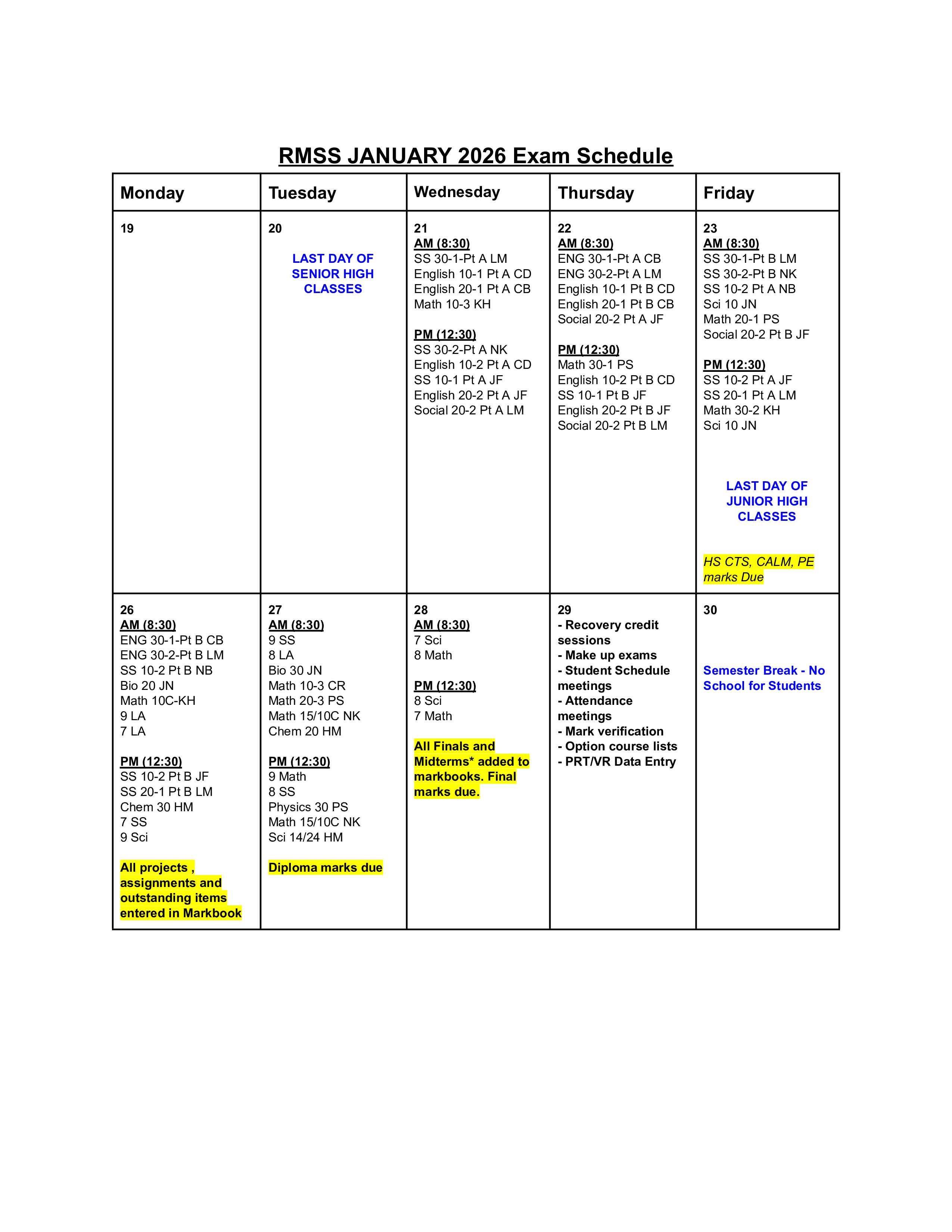 JANUARY 2026 Exam Schedule Calendar View